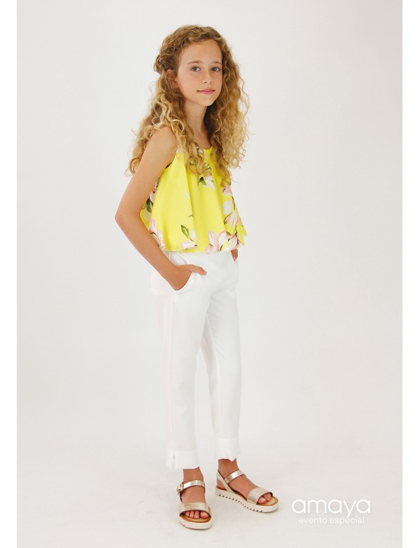 local Stratford on Avon proporción Conjunto de niña blusa en amarillo y pantalón en blanco AMAYA, modelo  554653 Tallas 6 a 18. Alpi Moda Infantil Valladolid
